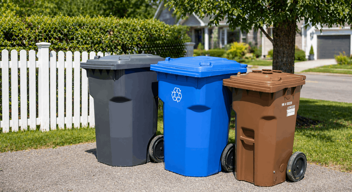 Collecte des déchets résidentiels avec bacs roulants alignés dans une rue à Mont-Tremblant Québec